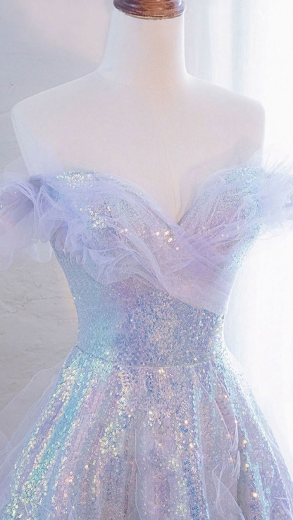 Purple Off Shoulder Sequin Tulle Long Prom Dress, Purple Formal Evening Dresses Y4451
