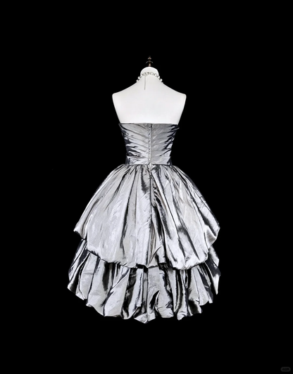 Fashion Silver Satin Pleated A Line Short 6th Grade Homecoming Dress,Strapless Mini Prom Dress SP3397