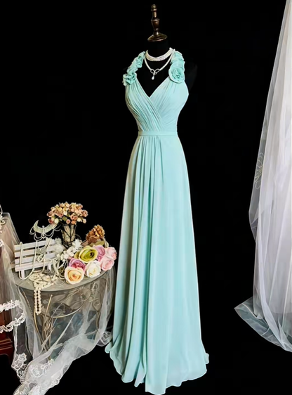 Elegant Mint Green Chiffon A Line Long Wedding Guest Dress Halter V Neck Long Evening Dress SP2372