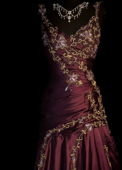 Vintage Burgundy Satin Pleated Appliques Mermaid Evening Dress Long Prom Dress SP2440
