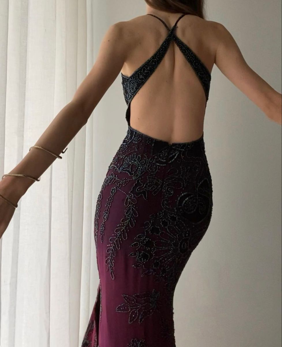Vintage Ombre Purple Halter Chiffon Beaded Slit Mermaid Prom Gown Backless Long Party Dress SP806