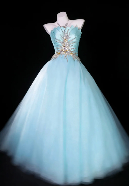 Pretty Strapless Ball Gown Blue Satin Pleated Tulle Beaded Long Evening Dress Birthday Dress SP1839