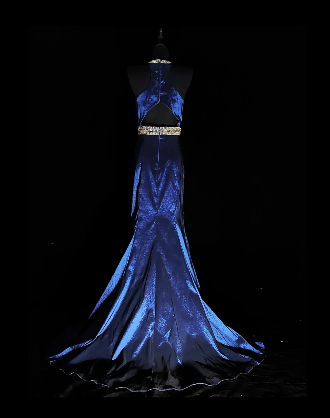 Gorgeous Navy Blue Satin Beaded Mermaid Prom Dress Backless Long Evening Dress SP436