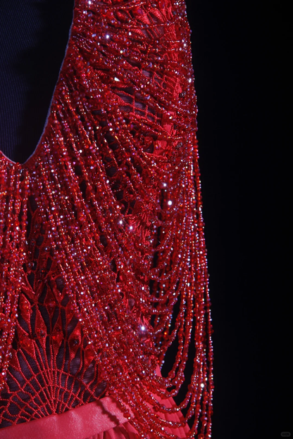 Luxurious Sleeveless Red V Neck Chiffon Beaded Tassel Long Party Dress 20th Birthday Outfits SP2156
