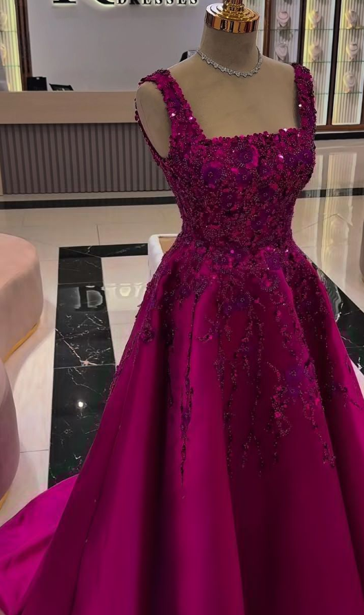 Chic Square Satin Beaded Ball Gown Hot Pink Long Prom Dress Party Gown SP2202
