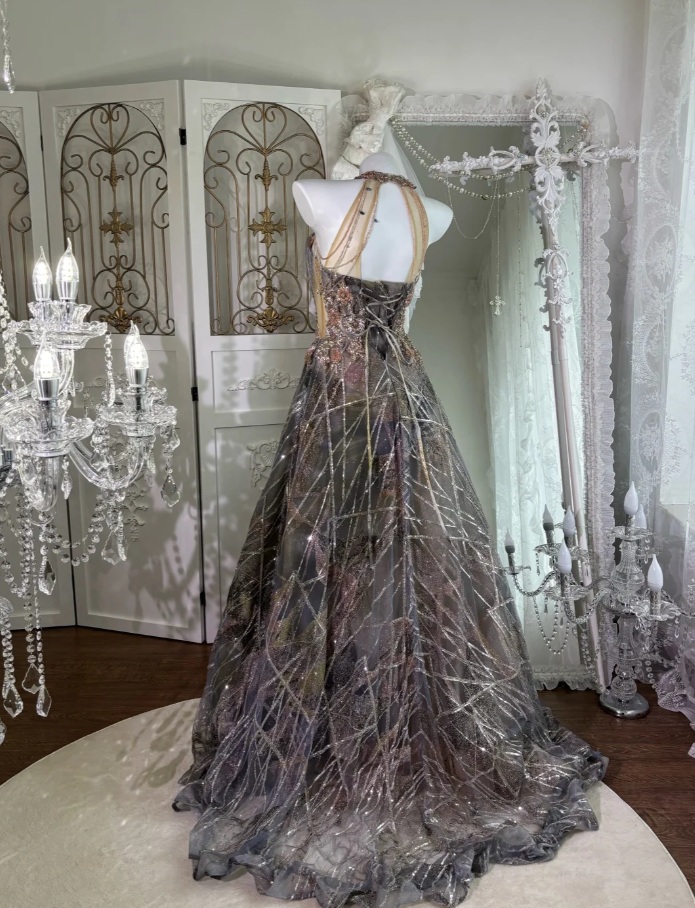 Gorgeous Halter V Neck Tulle Sequin Beaded Mermaid Long Wedding Guest Dress, Formal Birthday Prom Dress Party Gown SP1465