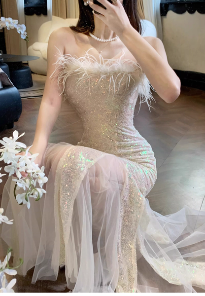 Sexy Feathers Strapless Sequin Tulle Mermaid Long Party Dress Formal 19th Birthday Outfits SP1991