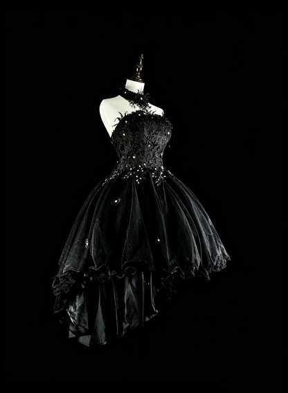 Pretty Black Strapless Tulle Appliques Beaded Short 15th Birthday Outfit,Formal Graduation Homecoming Dress SP3390