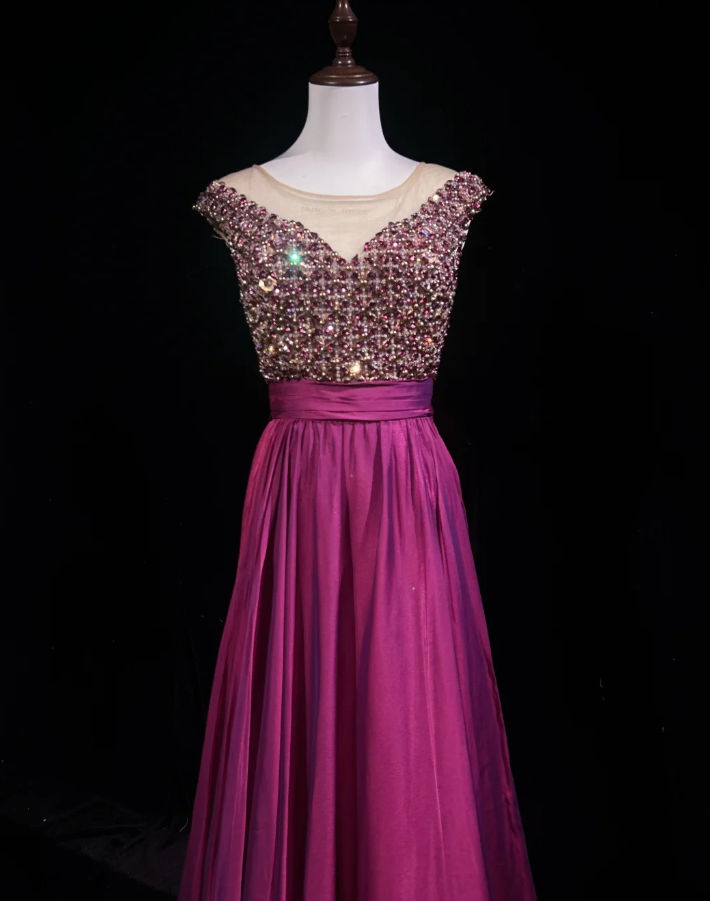 Luxurious Sleeveless Fuchsia Satin Beaded Long Party Dress Formal Evening Dress SP1861