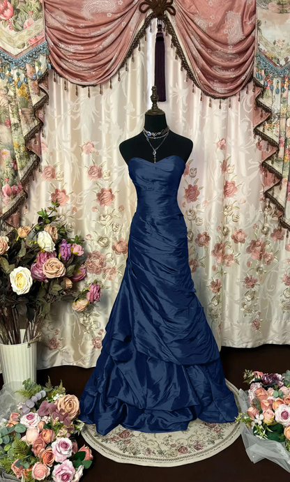 Stylish Strapless Red Satin Pleated Mermaid Evening Dress Long Birthday Prom Dresses SP942