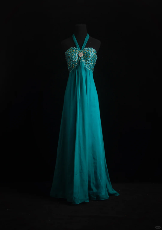 Chic Halter Teal Chiffon Beaded Embroidery Long Birthday Party Dress Prom Gowns SP2153