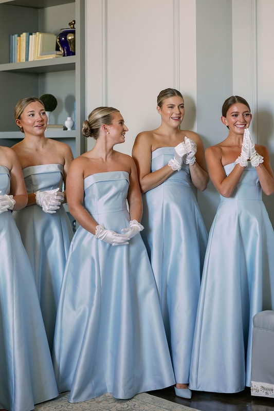 Elegant Strapless Blue Satin A Line Long Wedding Guest Dress Bridesmaid Dress SP1086