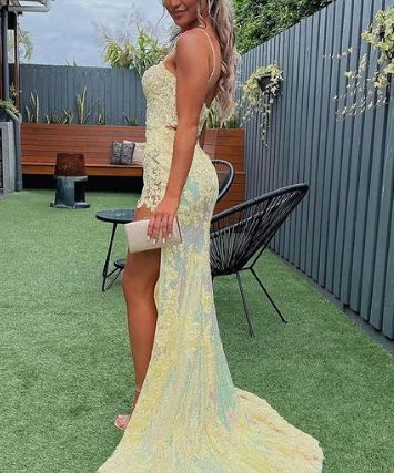 Yellow Mermaid V-neck Sequined Sweep Train Prom Dresses With Split Y68 Simplepromdress Yellow Mermaid V-neck Sequined Sweep Train Prom Dresses With Split Y68 Simplepromdress