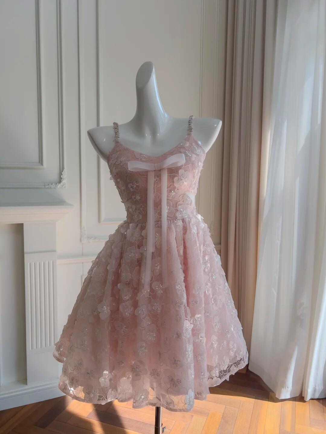 Pretty Spaghetti Straps Lace Floral A Line Short 7th Grade Homecoming Dress,Pink Mini Birthday Dress SP2599
