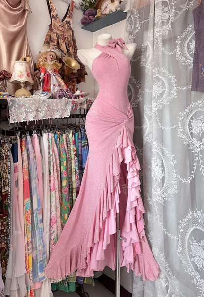 Classy Pink Halter Satin Ruffles Mermaid Long Party Dress 20th Birthday Outfits SP1718