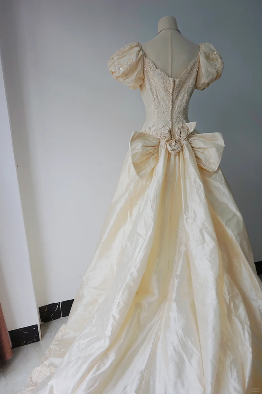 Vintage Light Champagne Satin Sequin Beaded Long Wedding Dress Bridal Gown SP4096