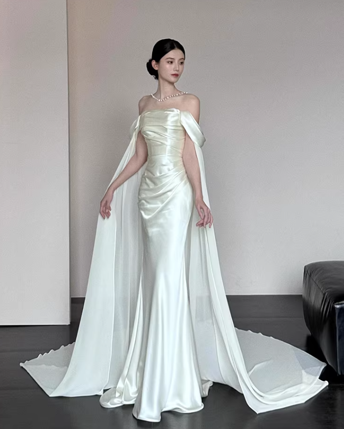 Glamorous Off The Shoulder Satin Chiffon Mermaid Long Evening Dress White Birthday Prom Dress SP2021