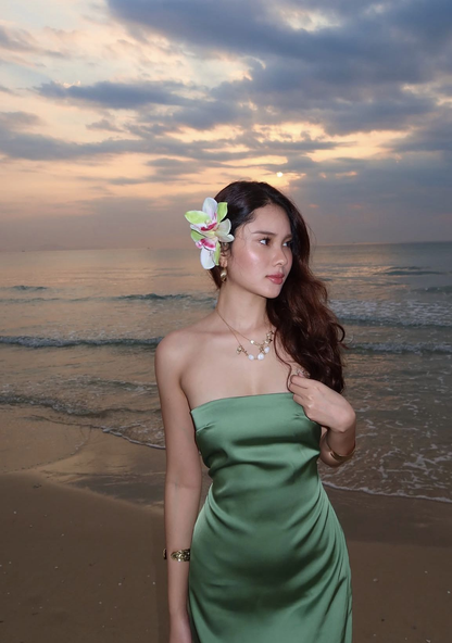 Classy Strapless Satin Green Slit Long Wedding Guest Dress Bridesmaid Dress SP691