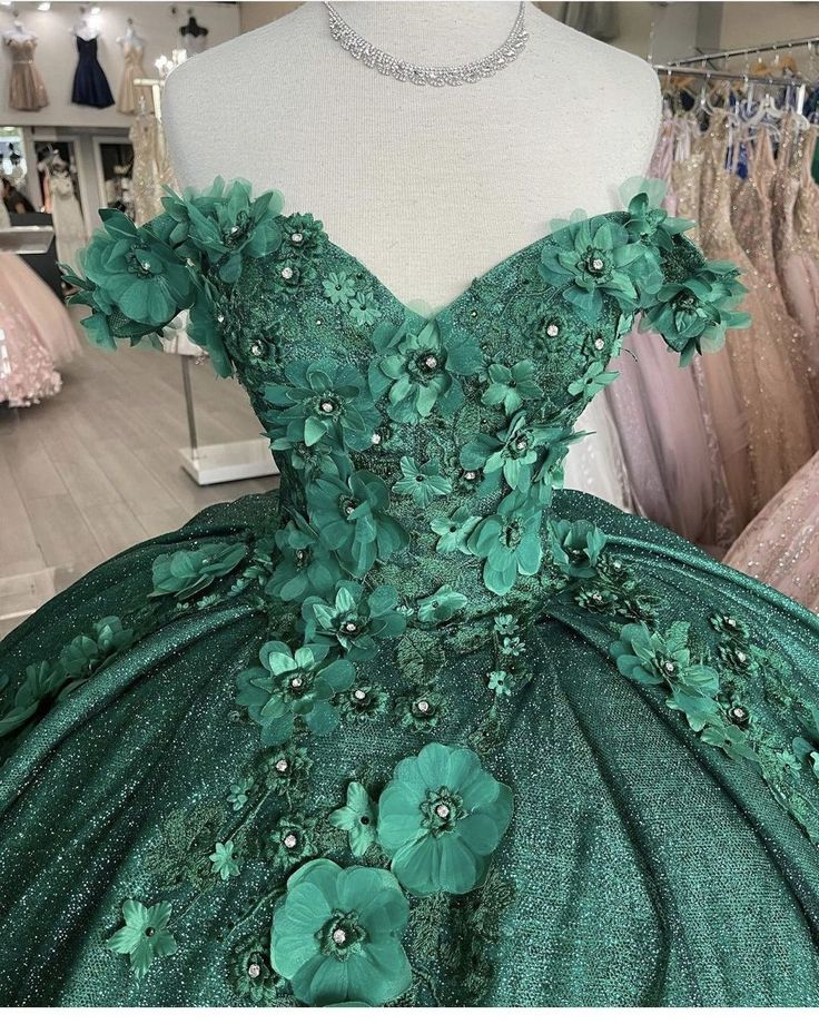 Off The Shoulder Green Ball Gown With Flowers Sweet 16 Dress Y4436