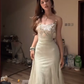 Pretty Spaghetti Straps White Tulle Appliques Mermaid Prom Dress Long Birthday Party Dress SP237