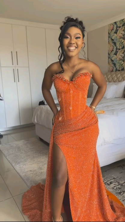 Fashion Sweetheart Neck Orange Sequin Beaded Slit Party Dress,Mermaid Long Prom Gown SP2453