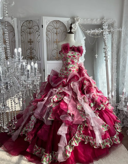 Pretty Strapless Rose Pink Satin Floral Beaded Tulle Layered Ball Gown Sweet Quinceanera Dress With Beaded SP1454