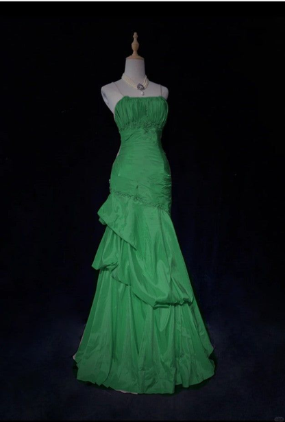 Gorgeous Spaghetti Straps Satin Pleated Beaded Evening Dress,Pink Mermaid Prom Dress Y8744