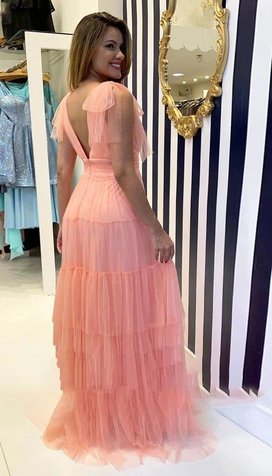 Long Pink Deep V Neck Tulle Prom Dresses Y5543