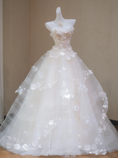 Sweet Strapless Tulle Appliques White Long Wedding Dress Bridal Dress Y9109