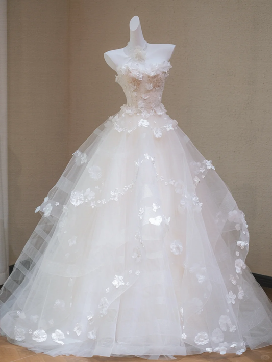 Sweet Strapless Tulle Appliques White Long Wedding Dress Bridal Dress Y9109