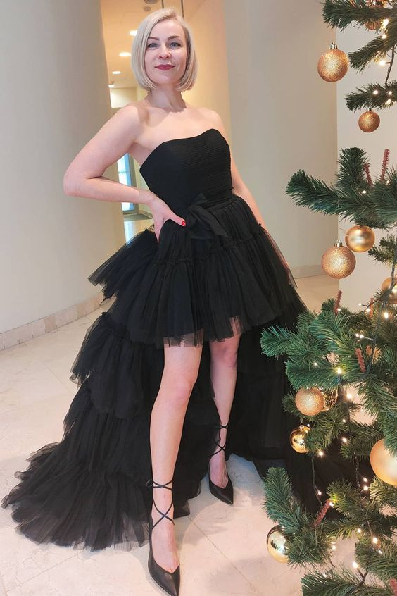 Black High Low Tulle Prom Dress, Black Tulle High Low Formal Evening Dress  Y4893