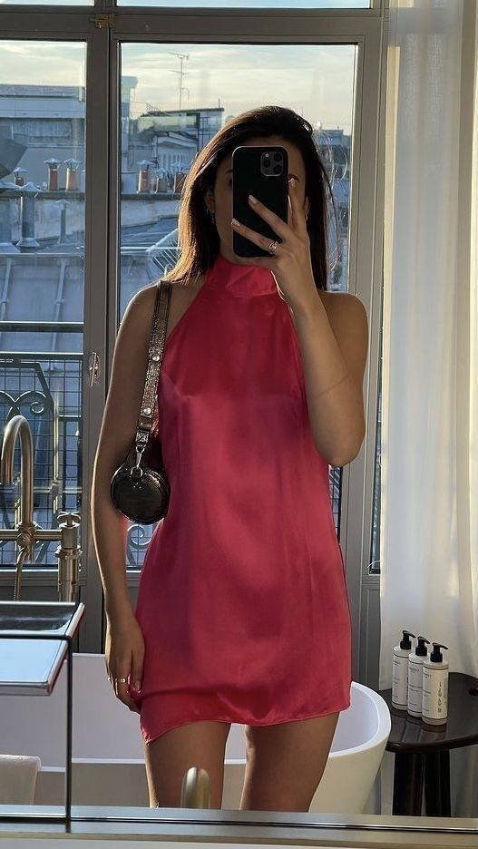 Pretty Halter Rose Pink Satin Sheath Cocktail Dress Short Homecoming Dress Y9429