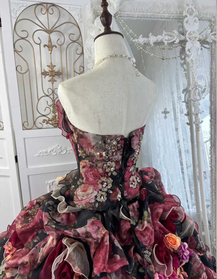 Vintage Strapless Ball Gown Chiffon Rose Floral Ruffle Princess Quinceanera Dress SP1771