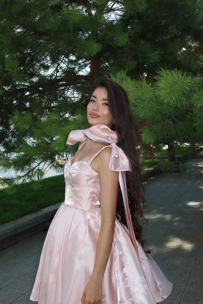 Classy Bow Straps Satin Short Birthday Dress Pink Short Graduation Homecoming Dress SP3697