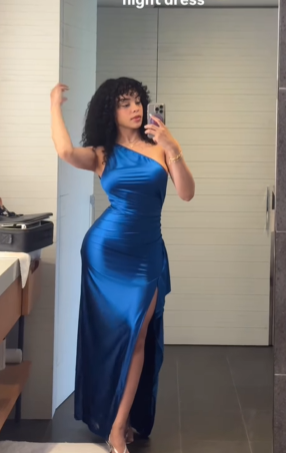 Pretty Blue One Shoulder Sheath Prom Dress，Side Slit Evening Dress Y8150