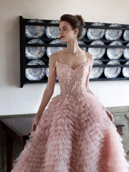 Glamorous Pink Tulle Pleated Tiered Long Party Dress Birthday Prom Dress With Sequins SP4133
