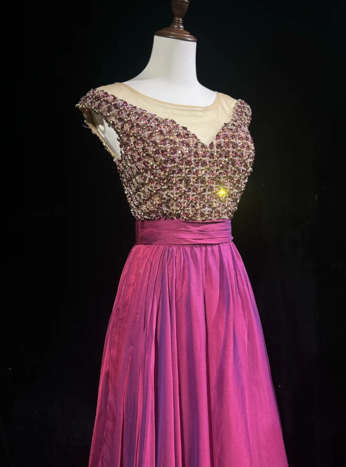 Luxurious Sleeveless Fuchsia Satin Beaded Long Party Dress Formal Evening Dress SP1861