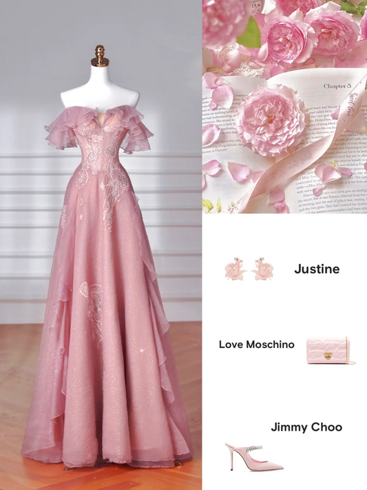 Sweet Pink Tulle Sequins Beaded A Line Prom Dress,Off The Shoulder Long Evening Dress Y8643