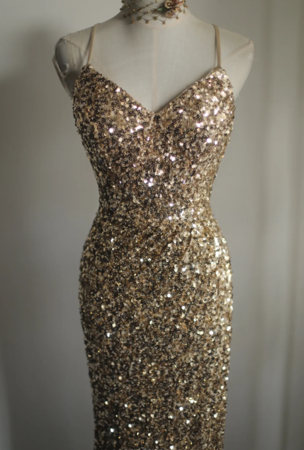 Pretty Spaghetti Straps Gold Sequin Slit Mermaid Long Wedding Guest Dress Birthday Party Gown SP1260