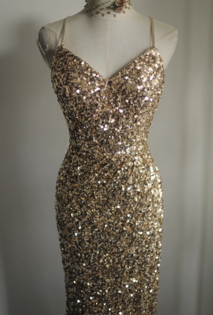 Pretty Spaghetti Straps Gold Sequin Slit Mermaid Long Wedding Guest Dress Birthday Party Gown SP1260