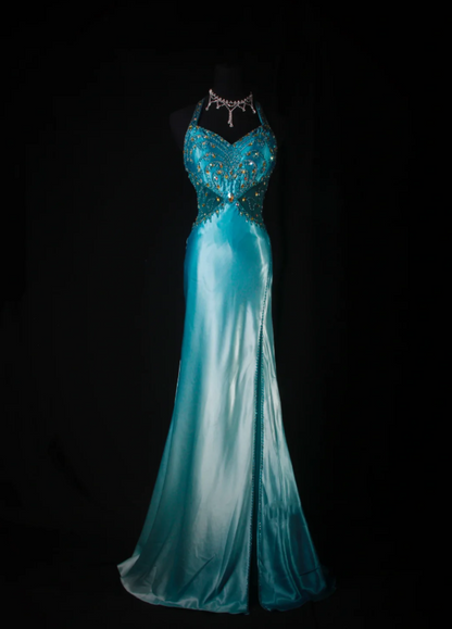 Classy Halter Blue Satin Beaded Mermaid Slit Long Prom Dress Evening Gown SP1693