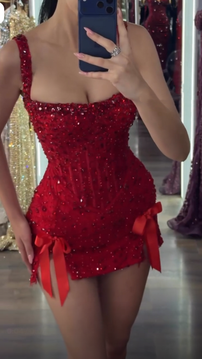 Pretty Red Spaghetti Straps Satin Beaded Sheath Short Homecoming Dress Cocktail Dress SP3307