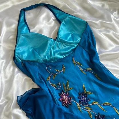 Pretty Halter Blue Chiffon Ruffle Mermaid Evening Dress Long Party Gown Y9745