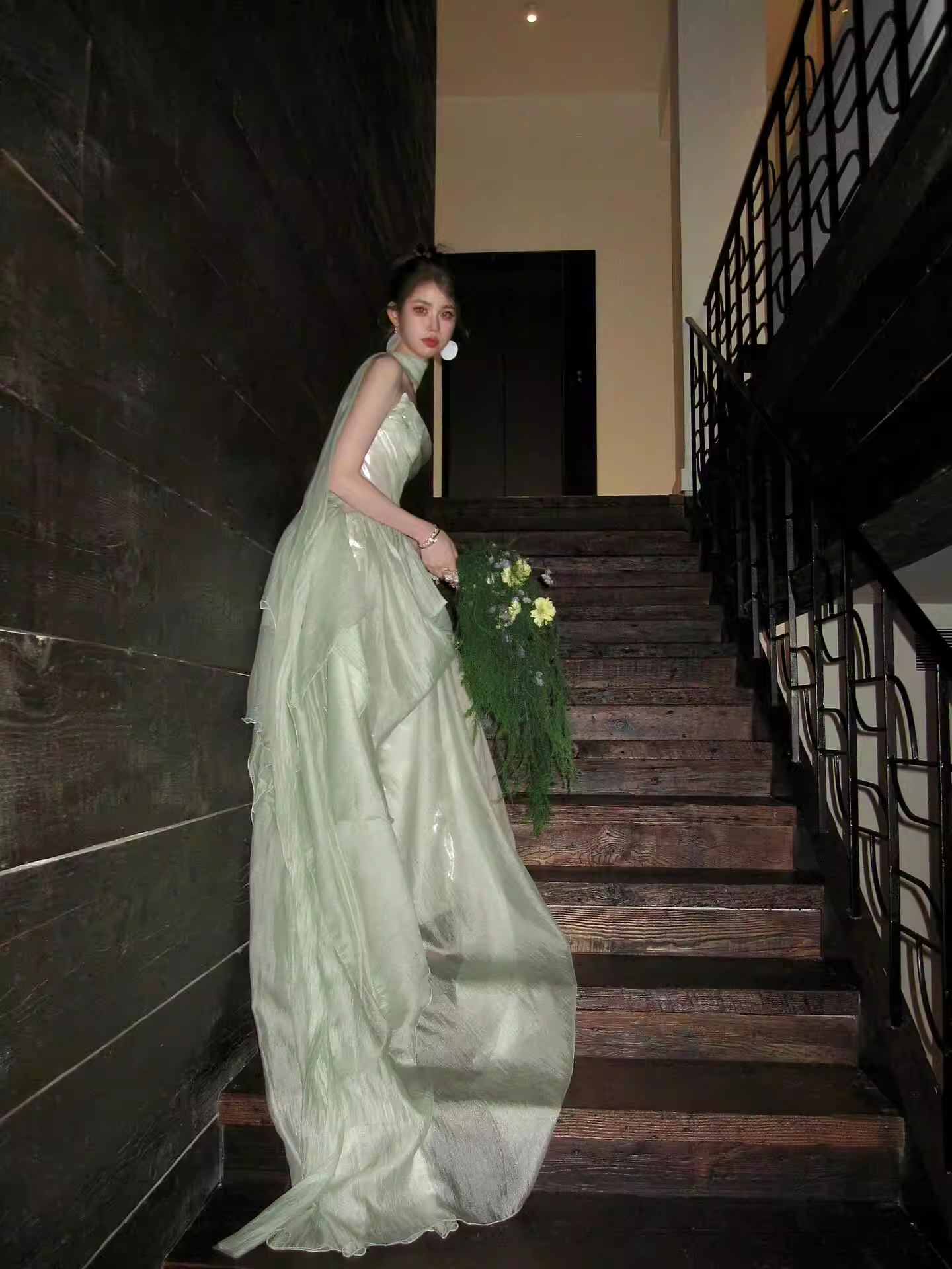 Pretty Green Strapless Tulle Long Evening Dress Birthday Prom Dress With Ribbon SP2026