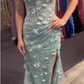 Elegant Green Tulle Applique Beaded Slit Prom Dress Long Mermaid Party Gown SP1320