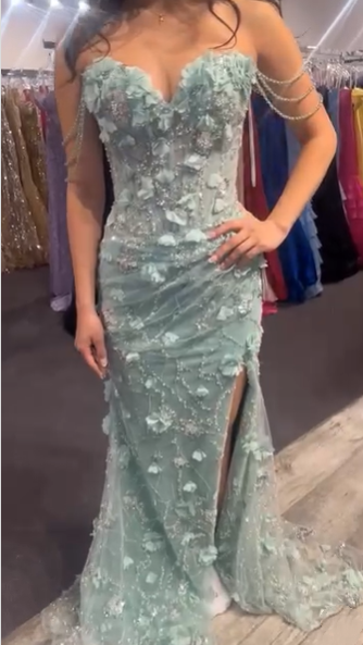 Elegant Green Tulle Applique Beaded Slit Prom Dress Long Mermaid Party Gown SP1320