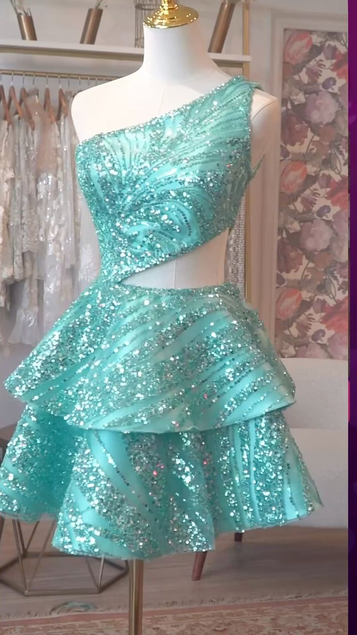 Gorgeous Mint Green One Shoulder Satin Sequin Beaded A Line Short Homecoming Dress Cocktail Dress SP2309
