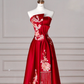 Gorgeous Red Satin Sequin Embroidery A Line Prom Dress,Strapless Evening Dress Y8631
