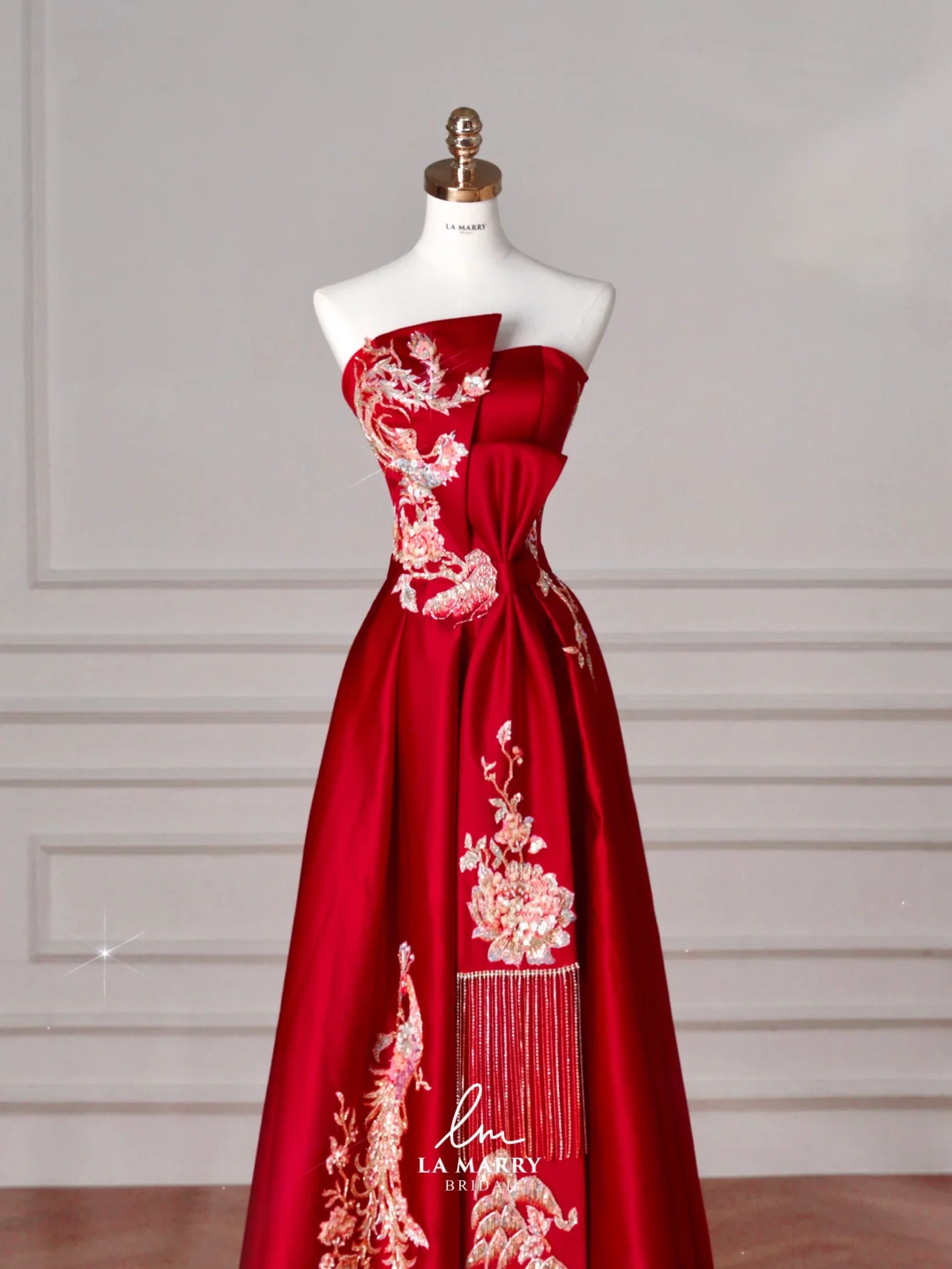 Gorgeous Red Satin Sequin Embroidery A Line Prom Dress,Strapless Evening Dress Y8631
