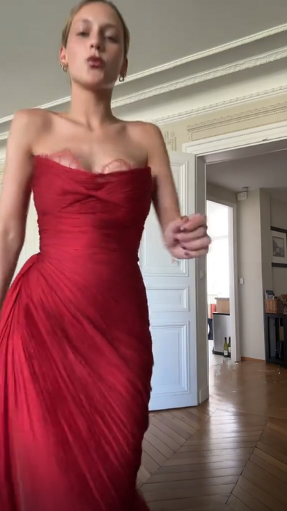Sexy Red Strapless Lace Tulle Pleated Long Party Dress,Formal Wedding Guest Dress SP3106